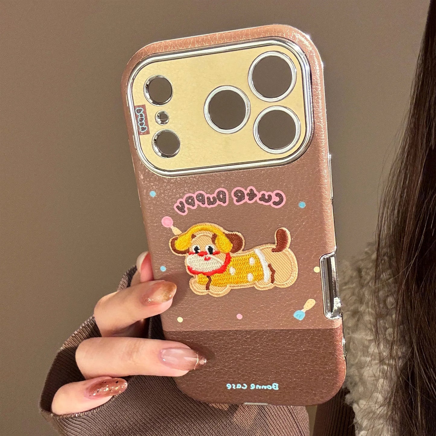 Korean Cartoon Embroidery Kitten Leather Texture Fold Mirror Phone Case For iPhone
