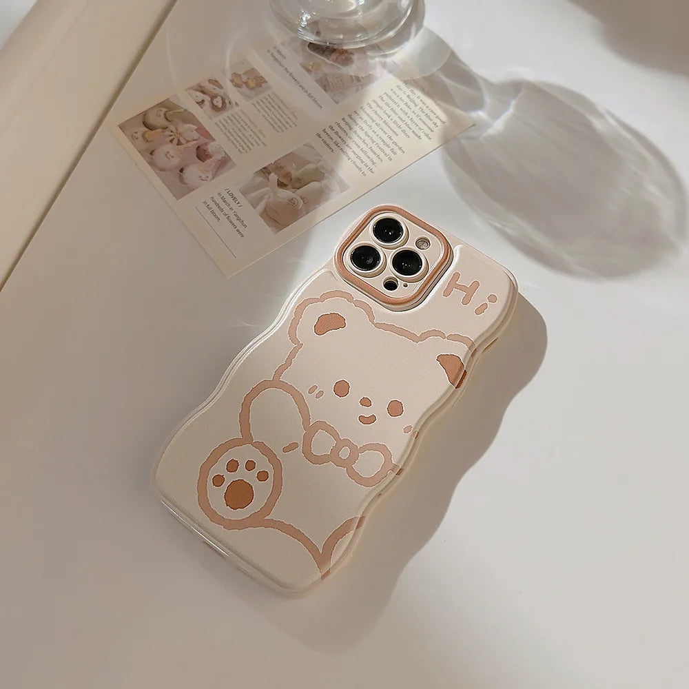 Korean Cartoon Bear Pattern Wavy Edge Phone Case For iPhone