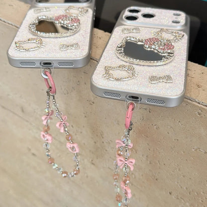 3D Cute Cartoon Sanrio KT Bling Glitter Makeup Mirror Phone Case For iPhone