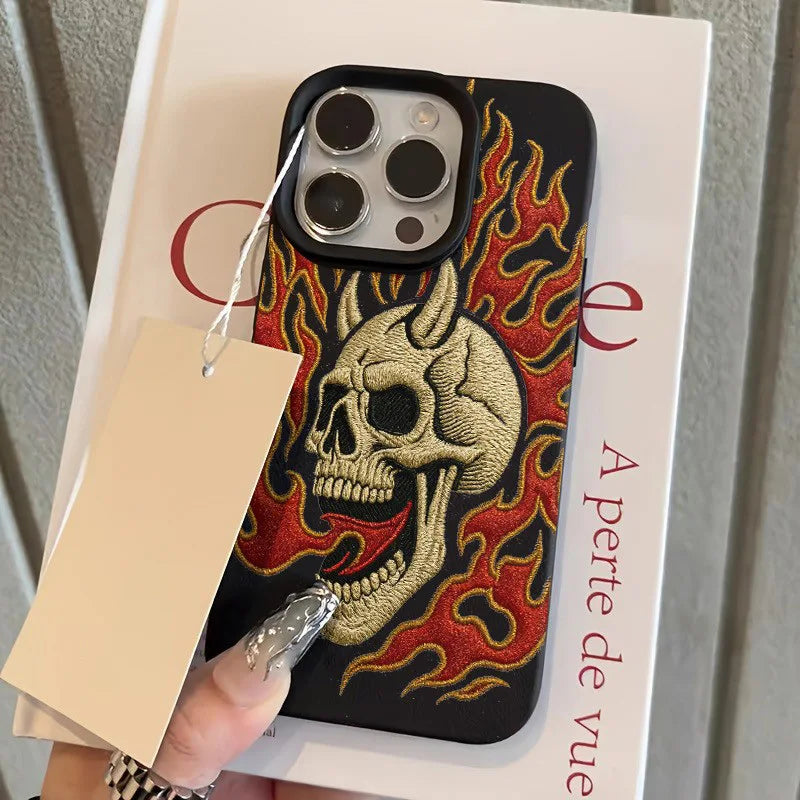 Flame Skull Embroidery Pattern Lychee Texture Phone Case For iPhone