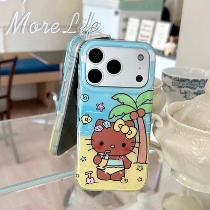 Summer Beach Black Skin HelloKitty Glitter Clear Phone Case Coconut Tree Shockproof Protective Cover For iPhone