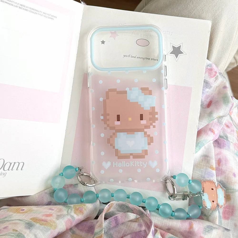 Ins Cute Pixel Hello Kitty Polka Dot Phone Case With Blue Bead Wrist Strap Pendant Shockproof Cover For iPhone