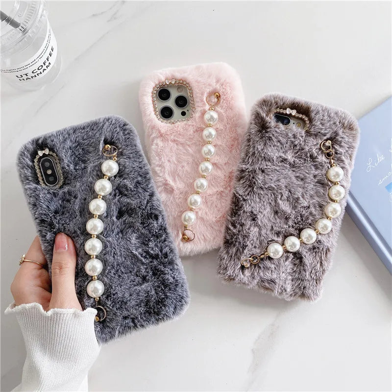 Autumn Winter Hairy Pearl Wrist Strap Phone Case For iPhone