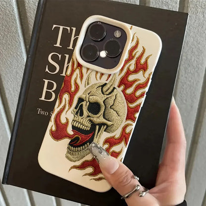 Flame Skull Embroidery Pattern Lychee Texture Phone Case For iPhone