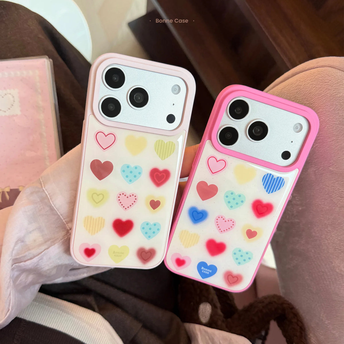 Korean Colorful Cartoon Love Heart Pattern Drop Glue Phone Case For iPhone