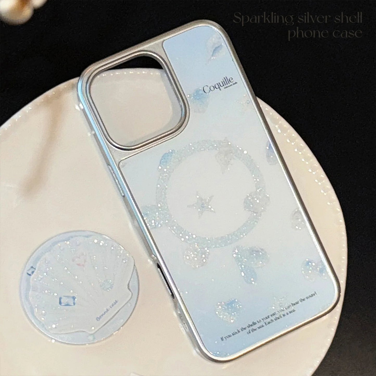 Summer Blue Ocean Shell Bracket Sparkly Glitter Magnetic Phone Case For iPhone