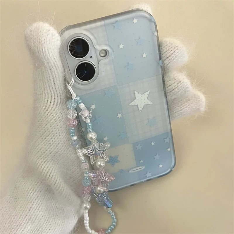 Cartoon Cute Blue Plaid Star Phone Case For iPhone