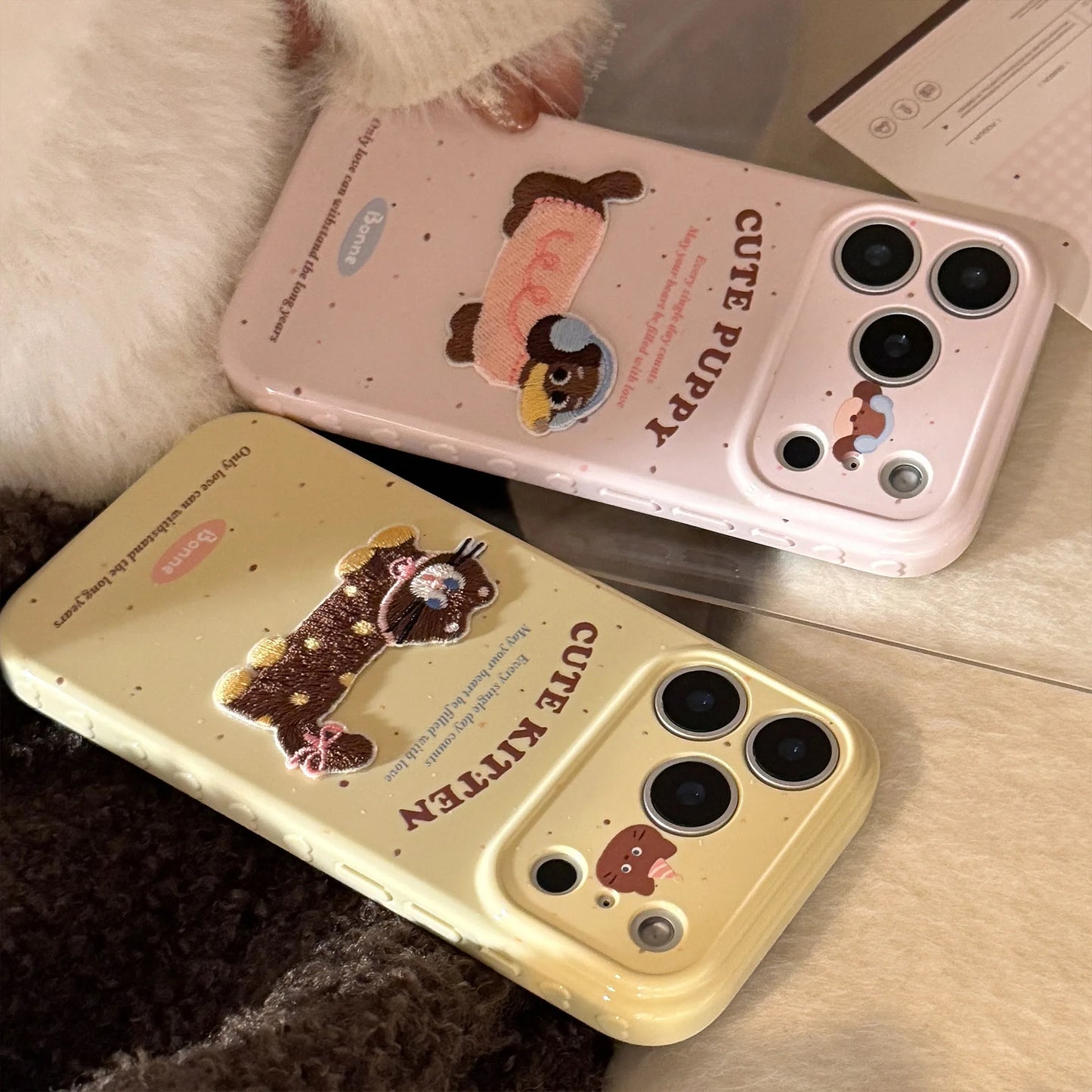 Korean Cute Cartoon Embroidery Plush Puppy Kitten Couple Phone Case For iPhone