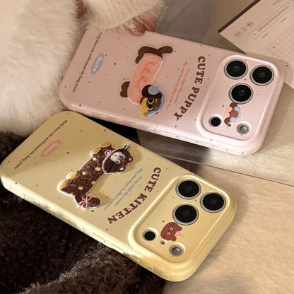 Korean Cute Cartoon Embroidery Plush Puppy Kitten Couple Phone Case For iPhone