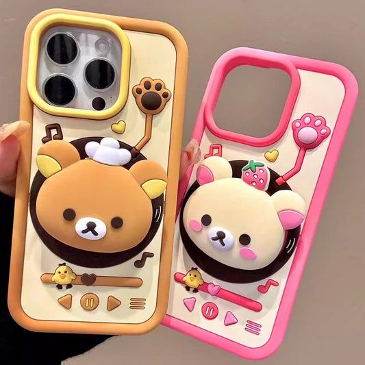 3D Cute Rotating Record Player Cartoon Bear Silicone Phone Case