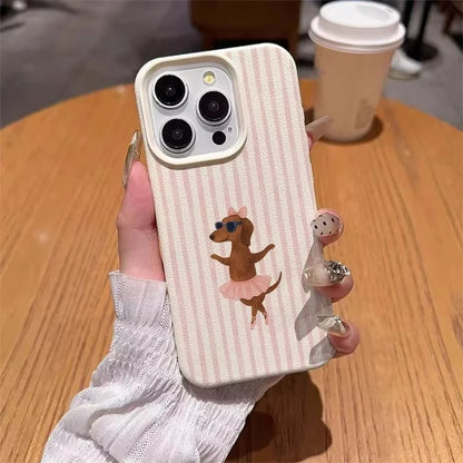Striped Ballet Sausage Dog Pattern Lychee Texture Phone Case For iPhone