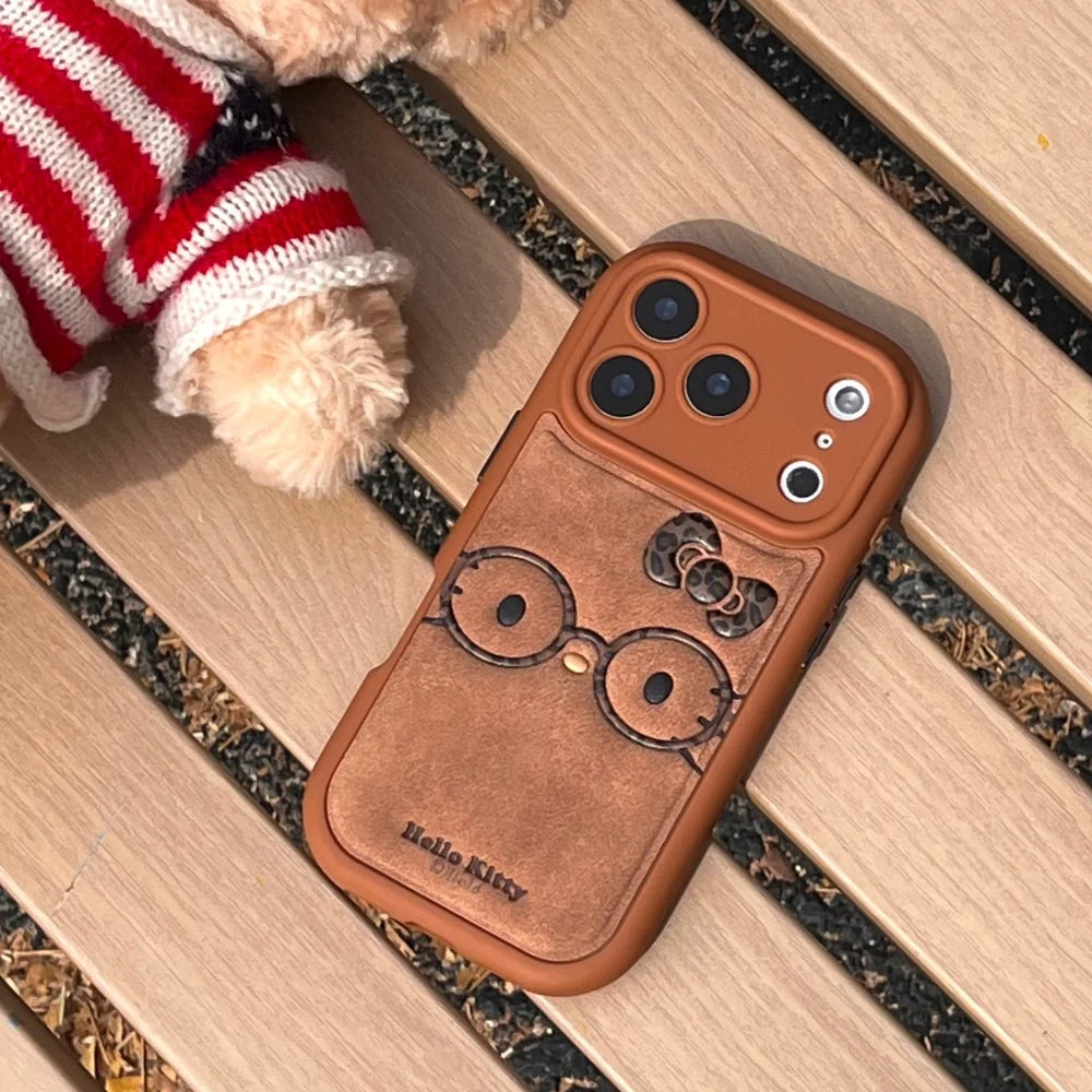 Brown Cute Leather Leopard Print Glasses Kiity Phone Case Suitable For iPhone