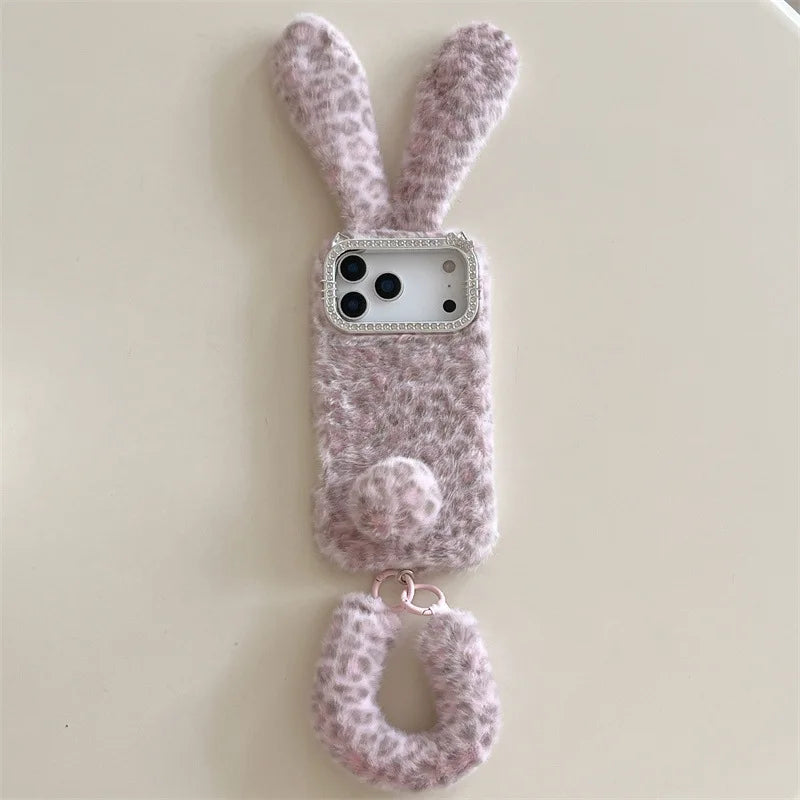 Cute Cartoon Leopard Print Rabbit Ears Furry Plush Phone Case For iPhone
