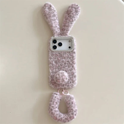 Cute Cartoon Leopard Print Rabbit Ears Furry Plush Phone Case For iPhone