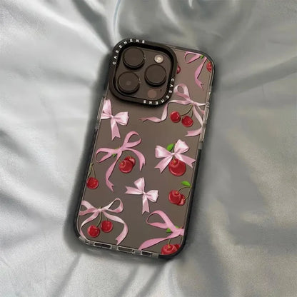 Ins Korean Lovely  Bow Cherry Phone Case For iPhone