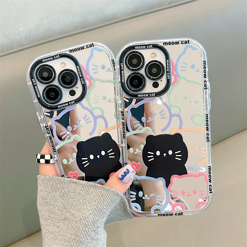 Cute Hello Cat Plating Mirror Painte Lines Phone Case