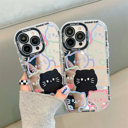 Cute Hello Cat Plating Mirror Painte Lines Phone Case