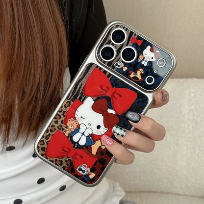 Luxury Cute Silver Framed Leopard Print Red Bow Kitty Phone Case For iPhone