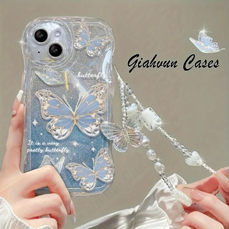 INS Butterfly Pattern Cream Wavy-Edge Phone Case For iPhone