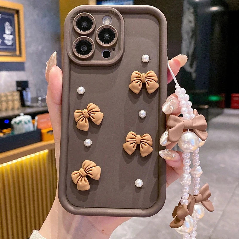 Korean 3D Bowknot Pearl Silicone Phone Case For iPhone