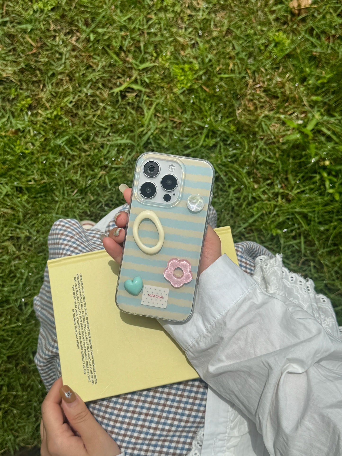 Adorable Blue Stripes 3D Pearl Heart & Flower Accessories Protective Phone Case