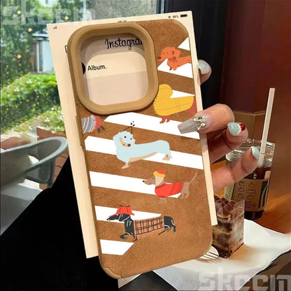 Line Drawing Sausage Dog Leather Phone Case For iPhone