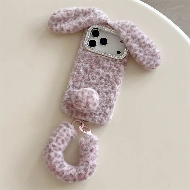 Cute Cartoon Leopard Print Rabbit Ears Furry Plush Phone Case For iPhone