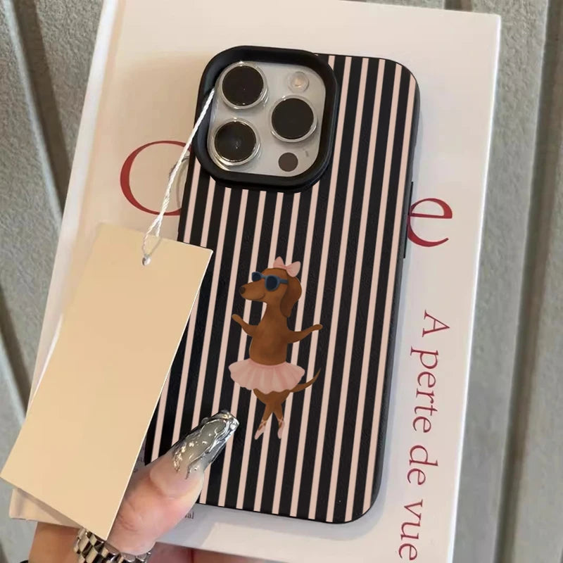Striped Ballet Sausage Dog Pattern Lychee Texture Phone Case For iPhone