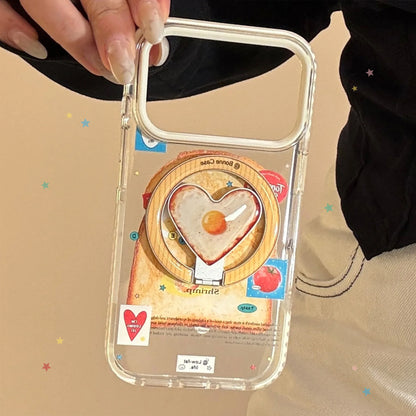 Korean Toast Pattern With Fried Egg Love Heart Bracket Magnetic Phone Case For iPhone