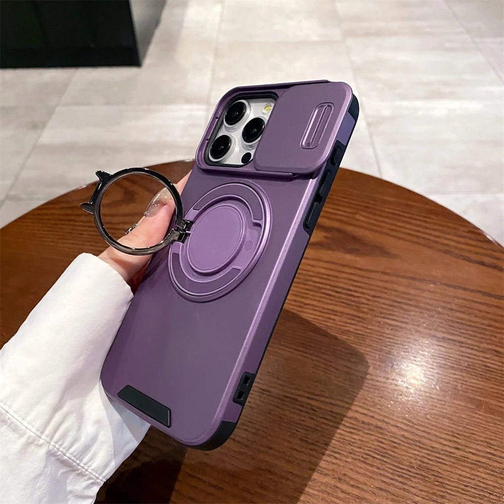 Rotation Stand Slide Camera Protector Magnetic Phone Case For iPhone