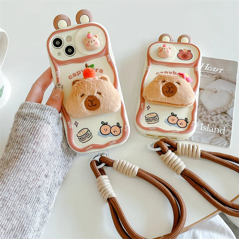 3D Cartoon Kapibala Sliding Push-Pull Camera Phone Case for iPhone