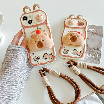 3D Cartoon Kapibala Sliding Push-Pull Camera Phone Case for iPhone