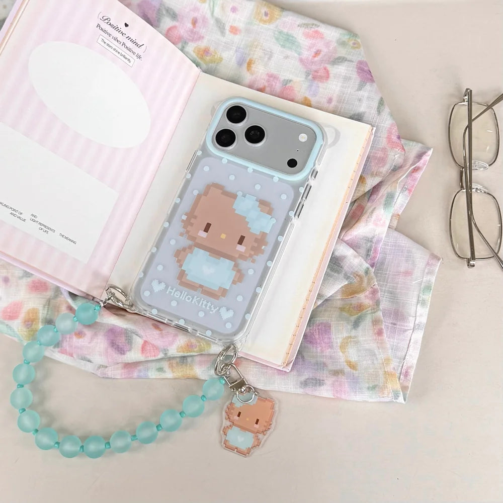 Ins Cute Pixel Hello Kitty Polka Dot Phone Case With Blue Bead Wrist Strap Pendant Shockproof Cover For iPhone