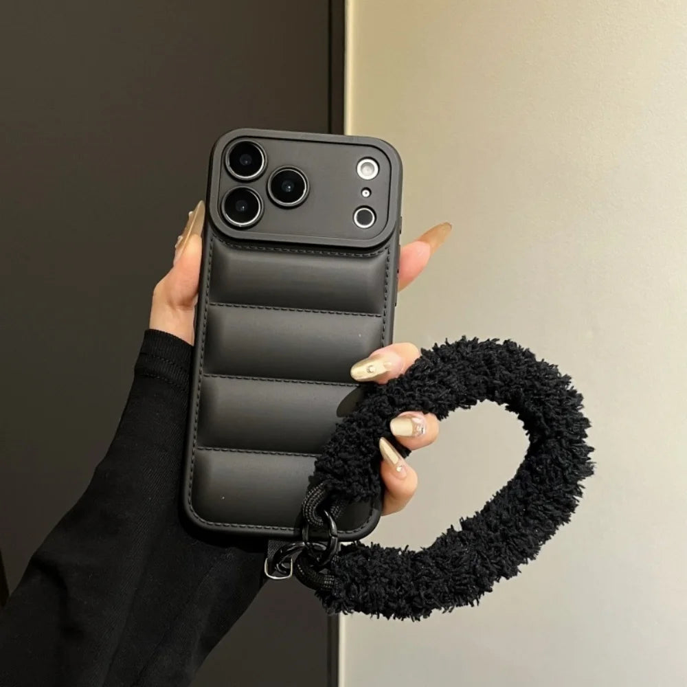 Luxury Down Jacket Furry Lanyard Case For iPhone