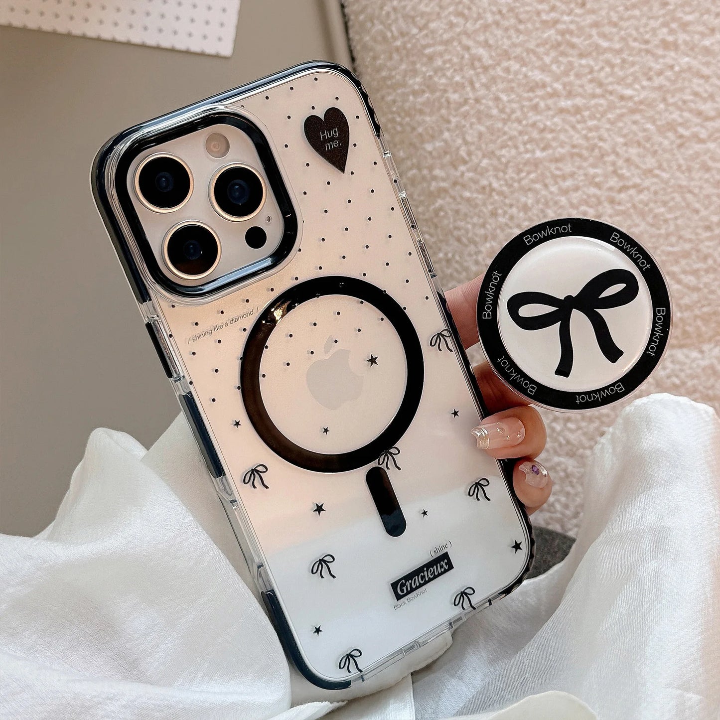 Korean Black Polka Dots Bowknot Magnetic Bracket Phone Case For iPhone