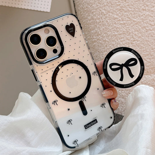 Korean Black Polka Dots Bowknot Magnetic Bracket Phone Case For iPhone