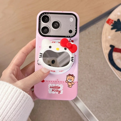Cute Sanrio Hello Kitty Magnetic Makeup Mirror Holder Magsafe Wireless Charge Phone Case For iPhone