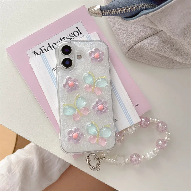 Korean 3D Colorful Flowers Butterfly Glitter Drop Glue With Chain Phone Case For iPhone