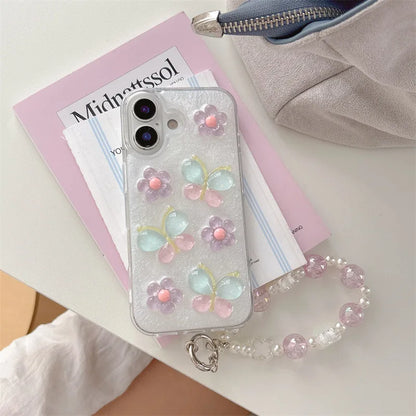 Korean 3D Colorful Flowers Butterfly Glitter Drop Glue With Chain Phone Case For iPhone