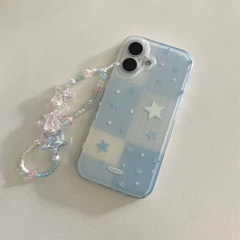 Cartoon Cute Blue Plaid Star Phone Case For iPhone