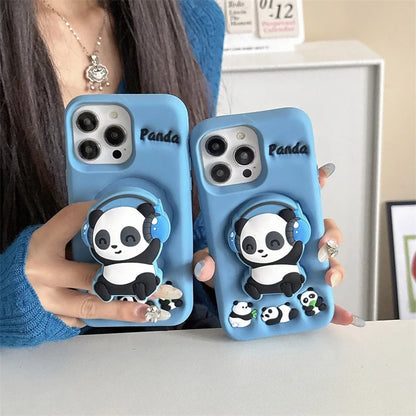 Cartoon Headset Panda Soft Silicone Telescopic Bracket Phone Case For iPhone
