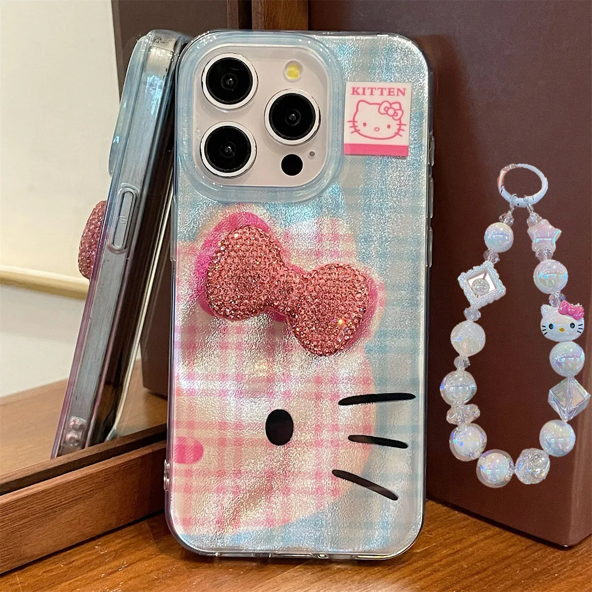 Hello Kitty Korea Grid Pattern Mirror Bow Strap Phone Case For iPhone