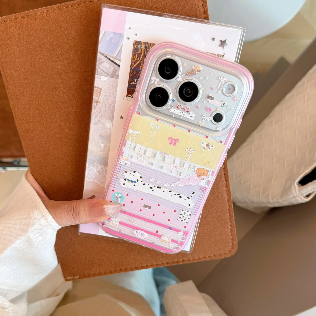 Korean Splicing Cartoon Spotted Puppy Bowknot Pattern Phone Case For iPhone