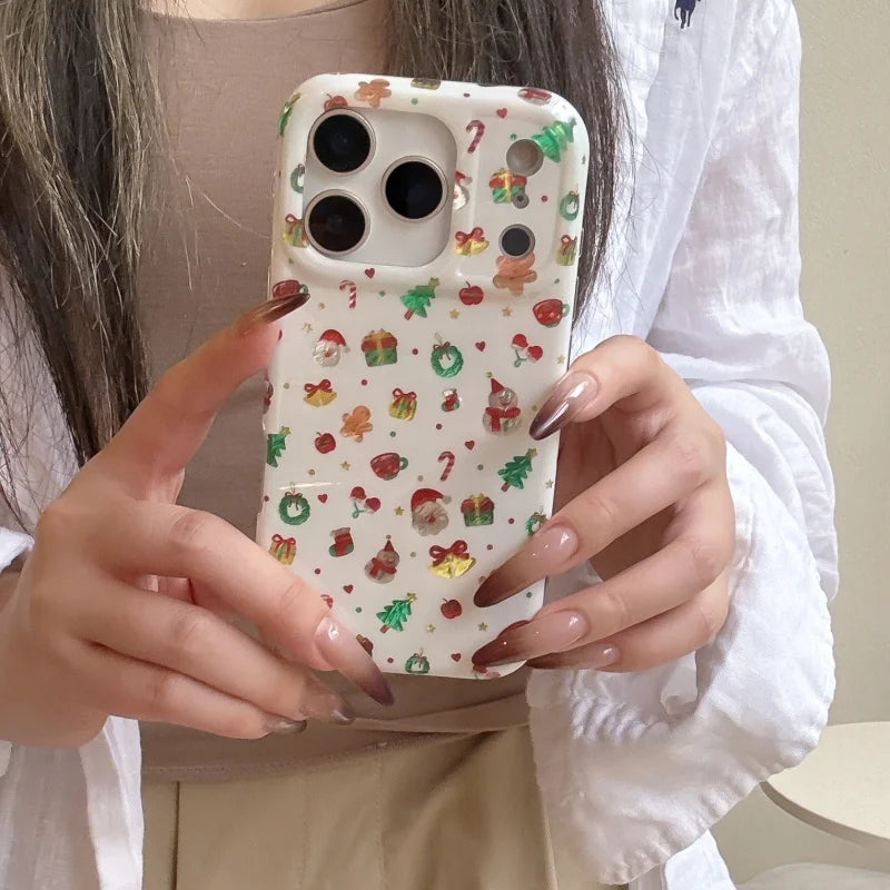 Cute Christmas Cartoon Santa Claus Gingerbread Man Wishing Tree Sparkling Phone Case For iPhone