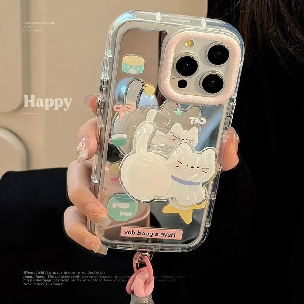 Korean Cartoon White Cat Bracket With Lanyard Makeup Mirror Phone Case For iPhone