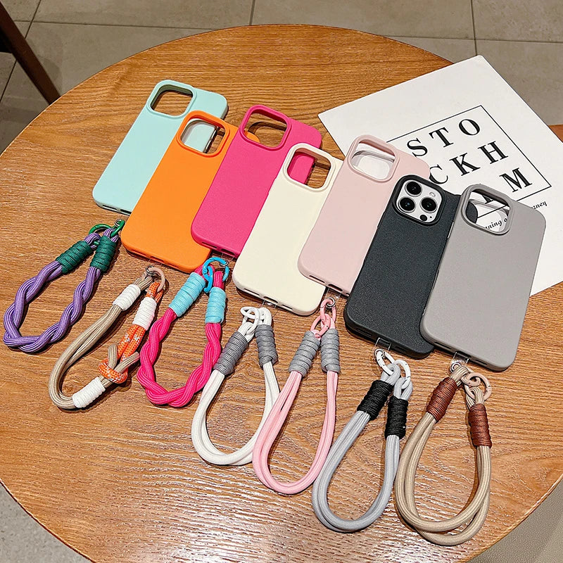 Luxury Litchi Leather Matte Soft Lanyard Rope Phone Case For iPhone