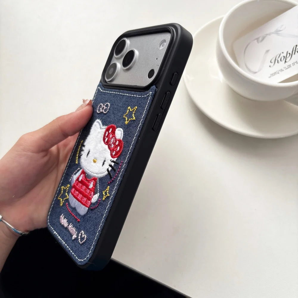 Luxury Denim Leather Pattern Cartoon Hello Kitty Case For iPhone