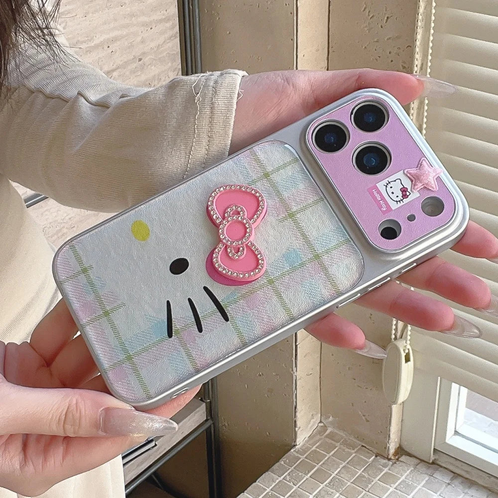 Luxury Cute Drip Glue Color Changing Grid Pattern Kitty Phone Case For iPhone