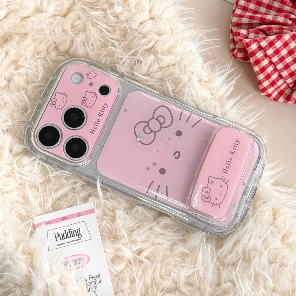 Luxury Pink Cat Ear Drop Adhesive Powder Kitty With Bracket Phone Case For iPhone