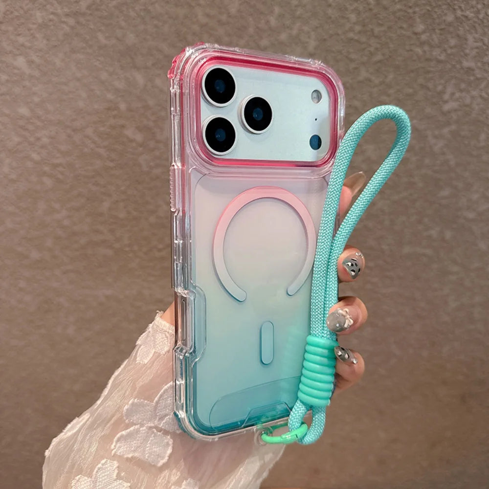 For Magsafe Gradient Double Color Lanyard Case For iPhone